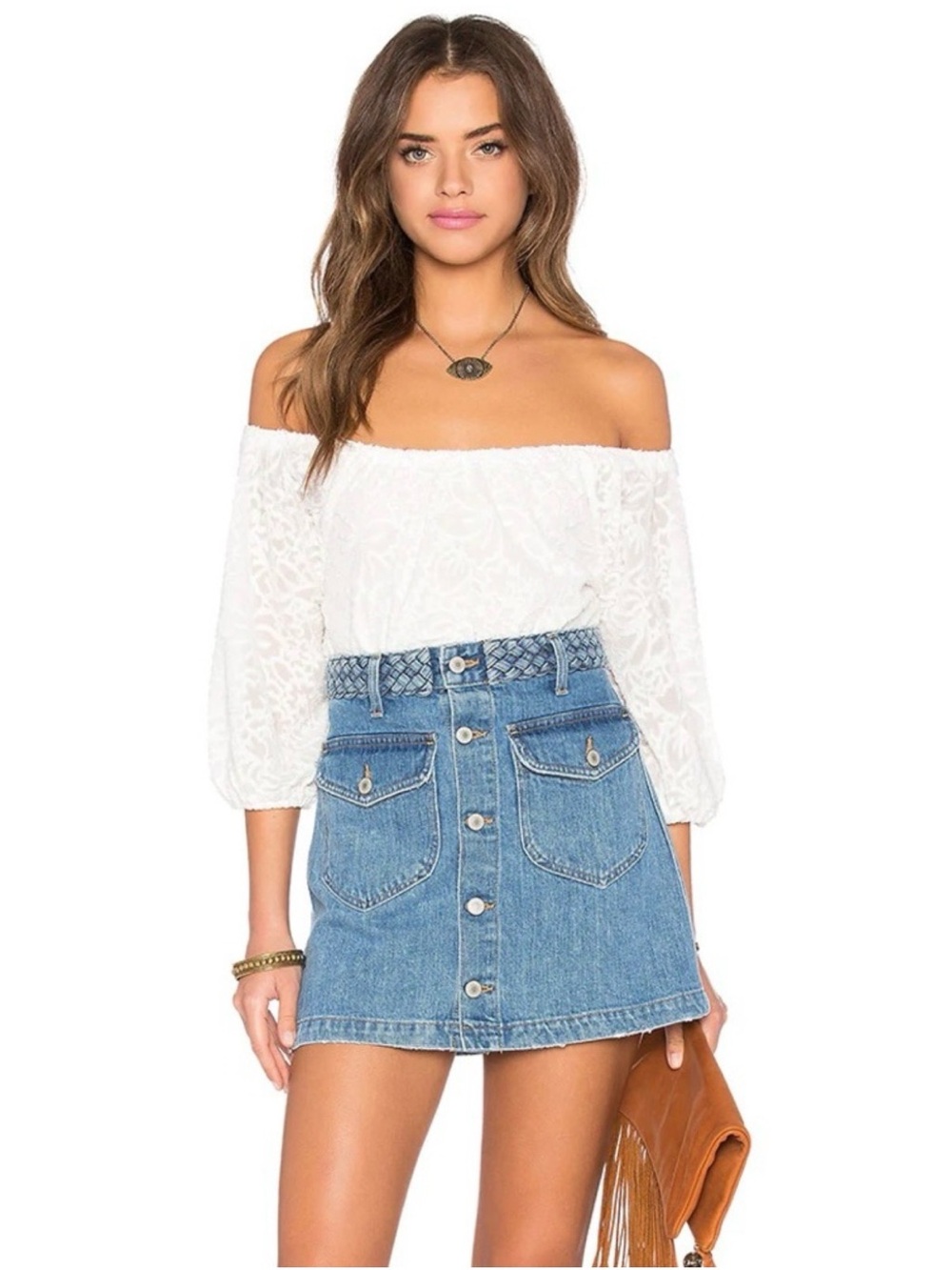 Tularosa Madelyn High Waisted Denim Mini Skirt with Braided Waist
